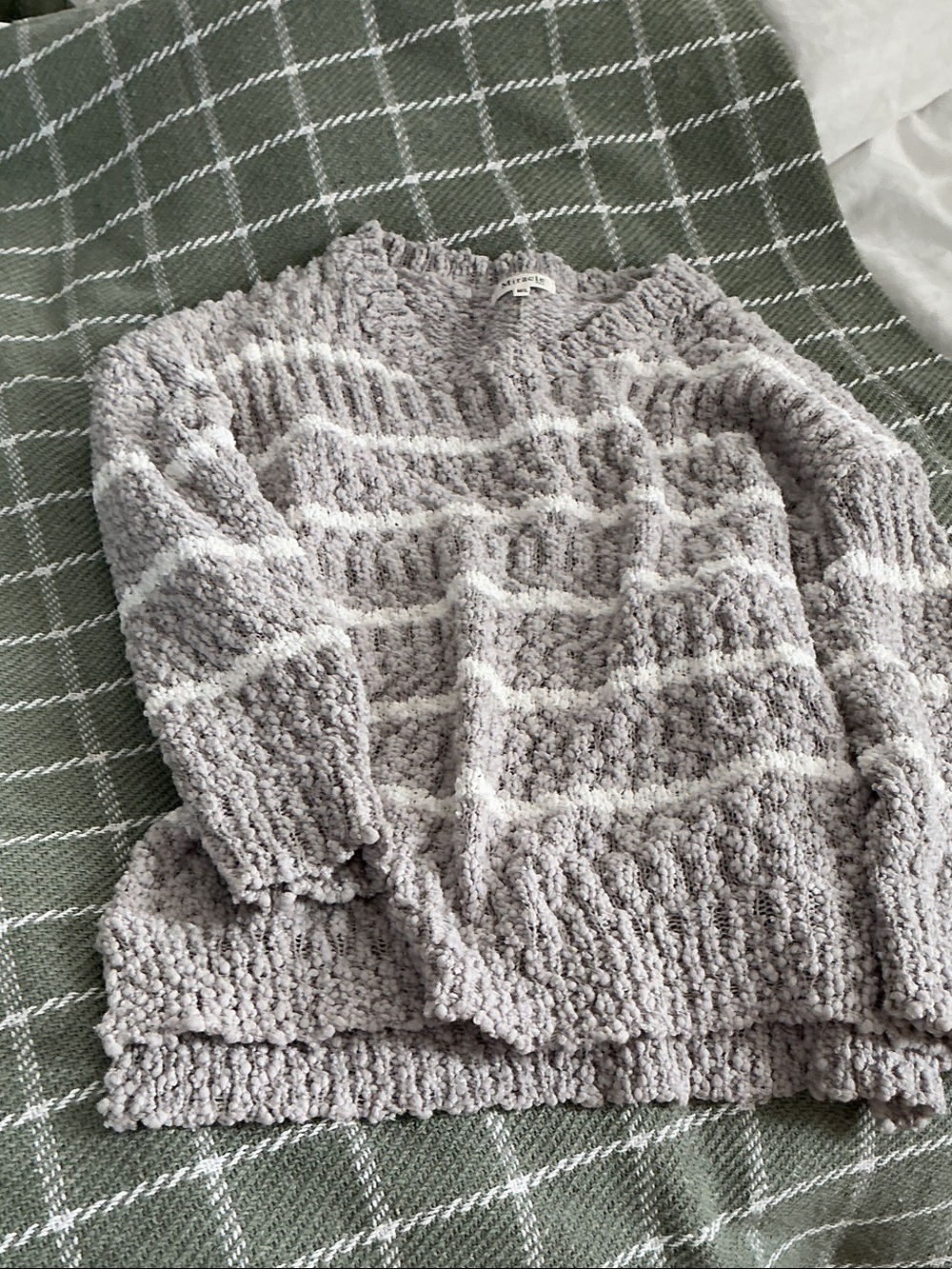 Miracle Cream & Light Gray Striped Popcorn Knit Crewneck Sweater
